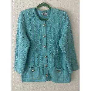 Mita Women`s Teal Button Down Sweater Krinkle Spun Sz 18 Gorpcore Granny Classic